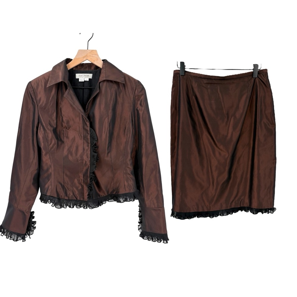 Kay Unger Silk Brown Evening Skirt Suit Set Size 8